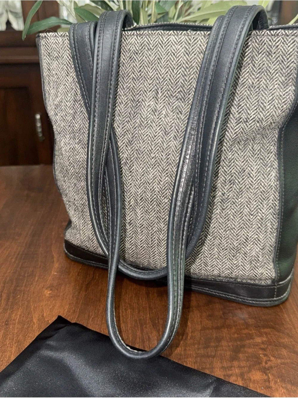 Coach Bleeker Leather-Trim Herringbone Tote Bag - Black & Gray